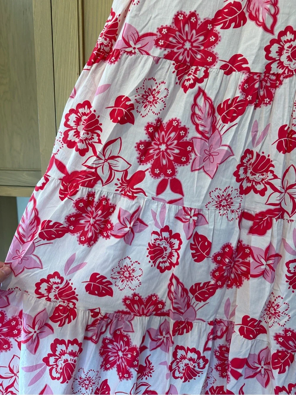 Pinch Pink and Red Floral Maxi Dress Cotton Tassle Tie Front Tiered / medium